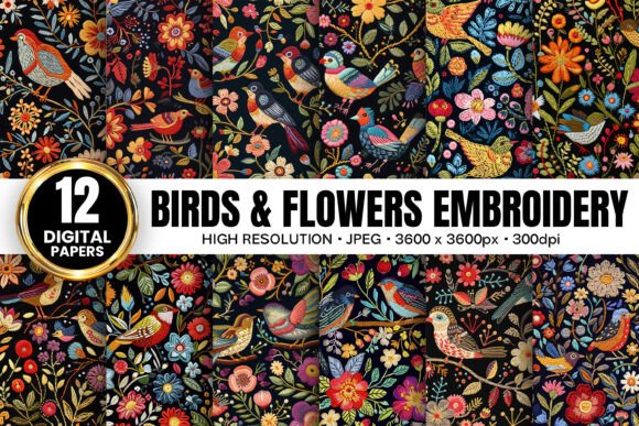 Birds Flowers Embroidery Digital Paper