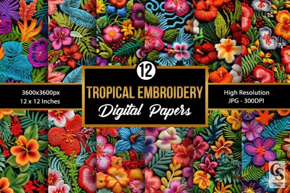 Tropical Flower Embroidery Digital Paper
